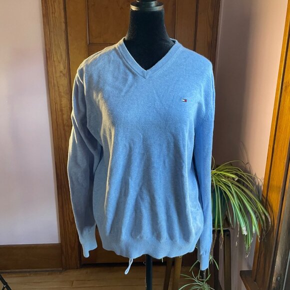 Tommy Hilfiger V-Neck Sweater  Men L Blue Cotton Pullover Large Preppy Classic - Picture 1 of 8